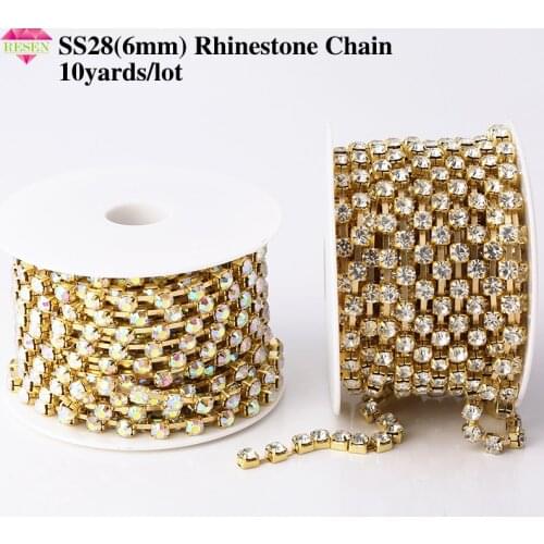 RESEN SS28 6mm Crystal Rhinestone Chain Rhinestone Trimming Yard 28ss Rhinestone Cup Chain Sliver/Gold Metal For DIY Sewing