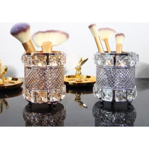 European Style Crystal Pencil Pen Holder Office Desk Cosmetic Makeup Brush Holder Eyebrow Eyeliner Container Gold Organizer