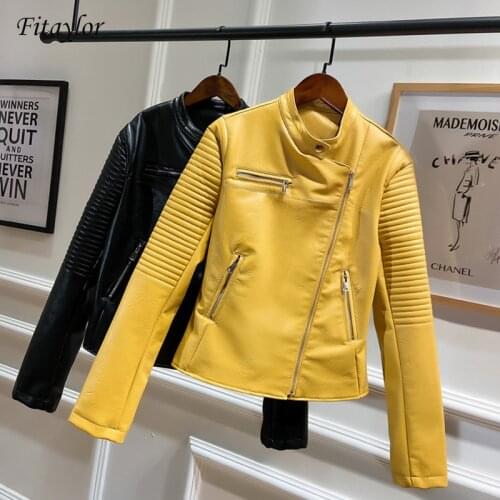 Fitaylor Yellow Faux Leather Jackets 2020 Women Autumn Leather Jacket Female O-neck Zipper Long Sleeve Motorcycle Biker Coat