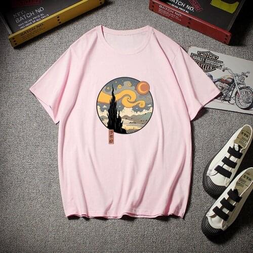 Ukiyoe Moon Mountain Stick Figure Print T Shirt Women Aesthetic Big Size Clothes Retro Anime Tshirts Casual O-Neck Tshirt Womens