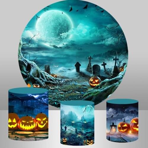 Halloween Backdrop Tombstone Castle Pumpkin Lantern Moon Baby Birthday Circle Round Background Cylinder Covers
