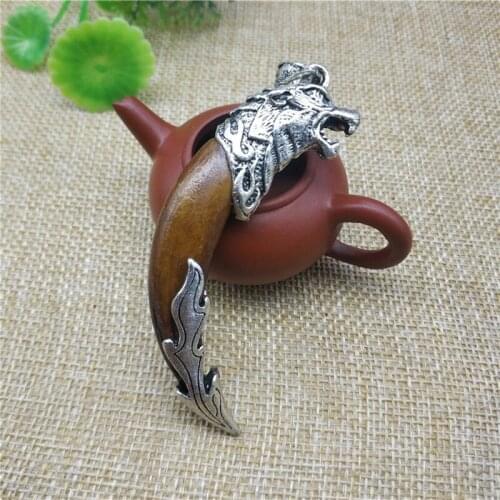 Wolf Head Inlaid Dog Tooth Tibet Silver Carving Wolftooth Pendant Animal Statue Amulet Accessories Bag Key Ring Pendant Gift