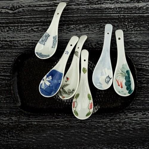 Ceramic Dessert Coffee Spoon Household Porcelain Soup Spoon Simple Under-glaze Painted Stirring Spoon Tableware Kitchen Utensils