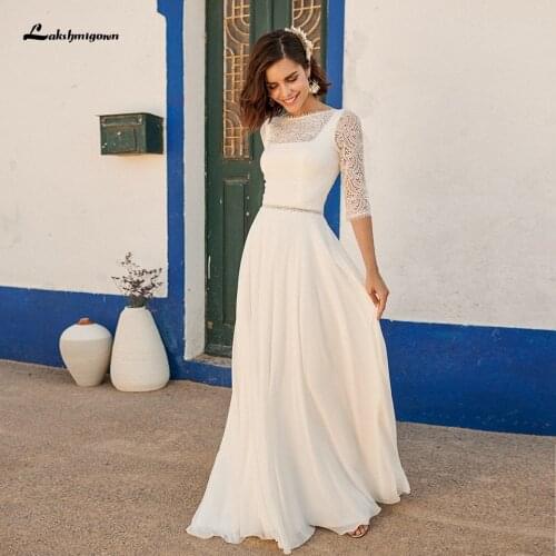 Lakshmigown Simple Boho Bridal Floor Length Wedding Dress Half Sleeves 2021 Robe de Plage Chiffon Beach Wedding Gowns Open Back