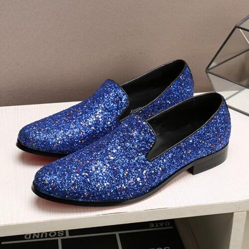 British blue hidden heel shoes for men solid slip-on dress wedding loafers causal velvet slippers glitter genuine leather brogue