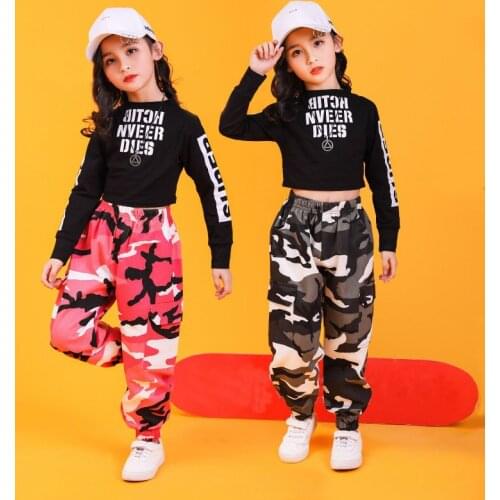 2021 New Jazz Dance Costumes For Kids Long Sleeved Camouflage Pants Hip Hop Dance Clothes Girls Jazz Performance Costumes XS1020