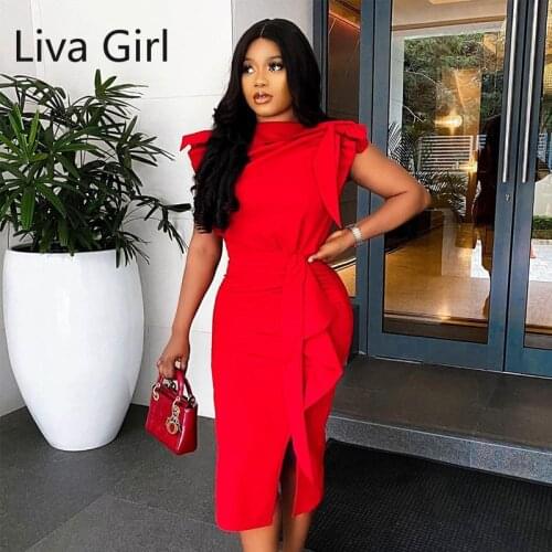 Summer Dress for Womens Elegant Fashion Party Dresses Office High Waist Slim Clothes Women Ruffle Split Even Dress Red Vestido
