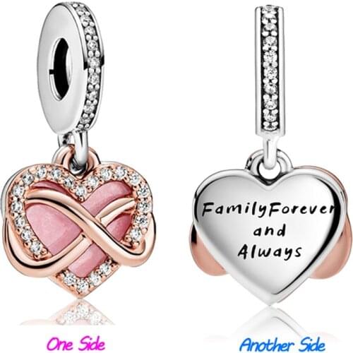 Family Forever Always Pendant Fit Original Pandora Charms Bracelet Pink Infinite Love Heart Beads DIY Jewelry for Women Pulseras