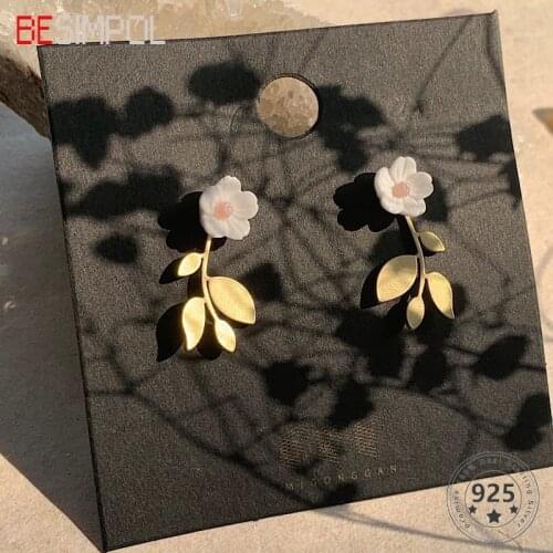 Besimpol Korean 925 Sterling Silver Stud Earrings Shell Flower Metal Leaf Earrings For Women Luxury Stylish Gifts Fine Jewelry
