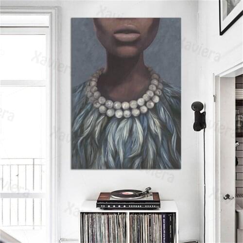 Nordic Retro Art Poster Black Woman Pearl Necklace Feather Canvas Painting Girls Room Walls Abstract Pictures Home Decor Prints