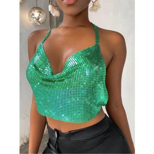 SRUBY Sexy see through chain halter Green Rhinestone crop top women summer beach party club tops vintage backless ladies tops