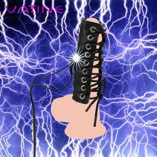 VATINE Electric Shock Adjustable Cock Extender Penis Rings Sex Toys for Men PU Leather Medical Themed Toys