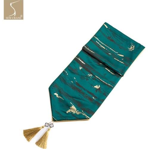 Green and Gold Abstract Art Table Runner with Tassel, 82.7"x 12.6"