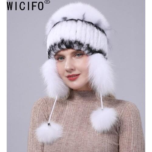 2019 New Style rabbit Fur Hats Womens Fur Bomber Hats with Silver Fox Fur Tops Winter Ear Fur Protect Caps