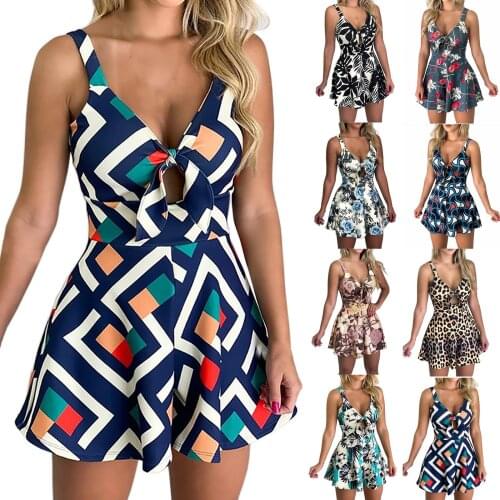 Summer Print Jumpsuit Women Casual Short Jumpsuit Loose Bow Print Sleeveless Camisole V-collar Jumpsuit Vintage Bodycon