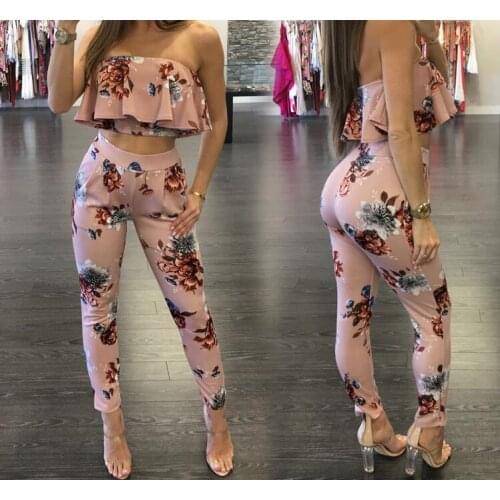 Women print ruffles crop top long pants 2 piece set for female 2021 Sleeveless Strapless Tshirt Pencil trouser womens suits