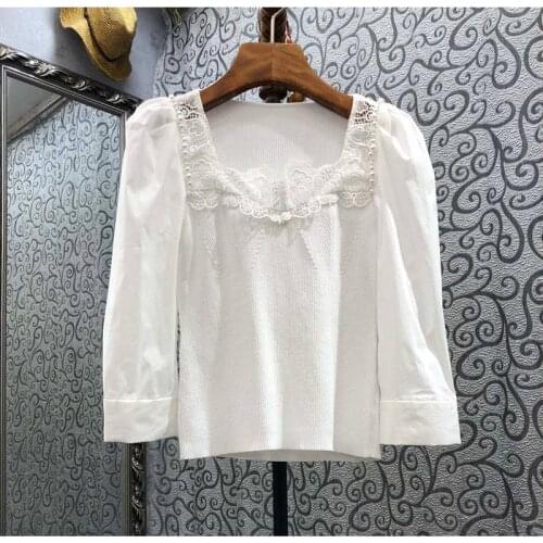 2021 Autumn Fashion Sweaters High Quality Women Sexy Square Collar Appliques Lace Embroidery Beading Deco Casual White Jumpers