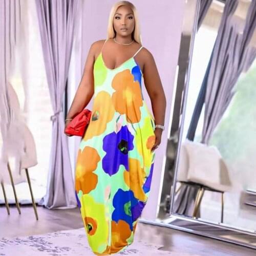Floral Print Long Maxi Dresses for Women Spaghetti Straps V-neck Loose Casual Dress Sleeveless Plus Size Summer Dress Sundress