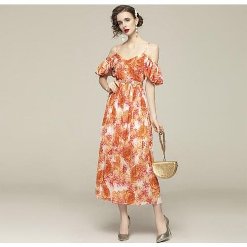 2021 Spring and Summer V-neck Chiffon Printed Sling Dresses Elegant Holiday Style Pleated Long Dress With Belt High Waist