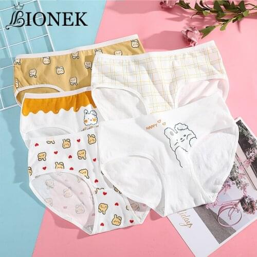 BIONEK Summer New Female Japanese Simple Underwear Yellow Cute Rabbit Mid-Waist Girl Panties Women Cotton Student Crotch Briefs