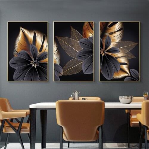 Black and Golden Flower 3PCS Wall Art Painting Etsy Ebay Dropship Home Decor Canvas Prints Scandinavian Posters Print no frame
