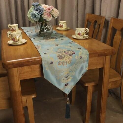 CURCYA Blue Beige Jacquard Flowers Decorative Table Runners for Home Hotel Restaurant American Countryside Dining Table Runners