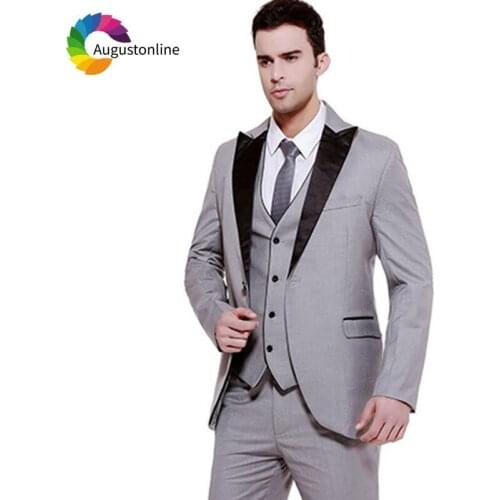 Formal Grey Wedding Suits for Men Black Lapel Best Man Blazers Jacket Slim Fit Groom Tuxedos Best Man Suits with Pants 3 Pieces
