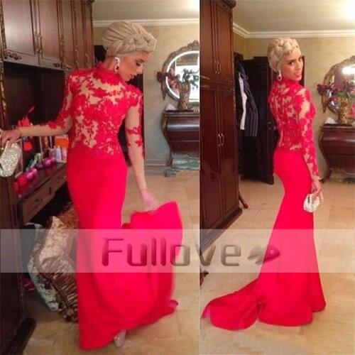 Elegant Red Lace Evening Dress Long 2019 Sheer Appliques Floor Length Mermaid Evening Dresses Party Gowns Vestidos De Fiesta