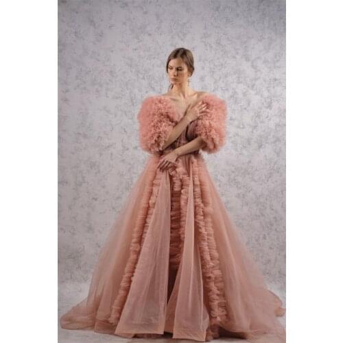 Elegant Prom Dresses Beads V Neck Short Sleeves Multilayered Ruffles Evening Dress Custom Made Floor Length Party Gown