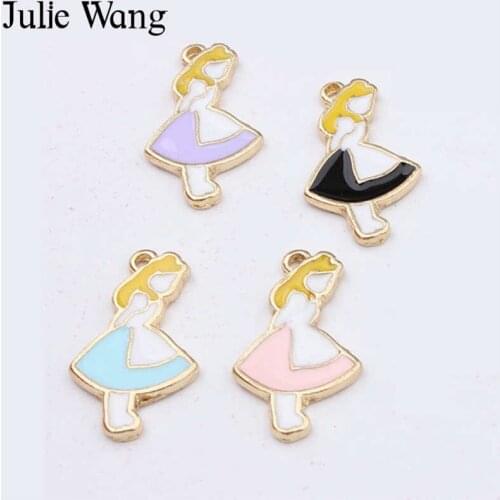 Julie Wang 10pcs Enamel Girl In Dress Charms Alloy Gold Tone Multicolor Pendant Necklace Bracelet Jewelry Making Accessory
