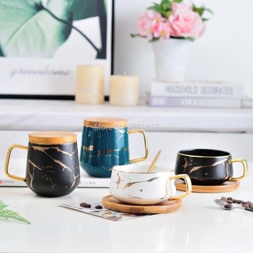 Nordic Style Gold Marble Ceramic Mug Cup And Wooden Saucer Lid White Porcelain Tea Coffee Water Mug With Handle Drinkware Gift