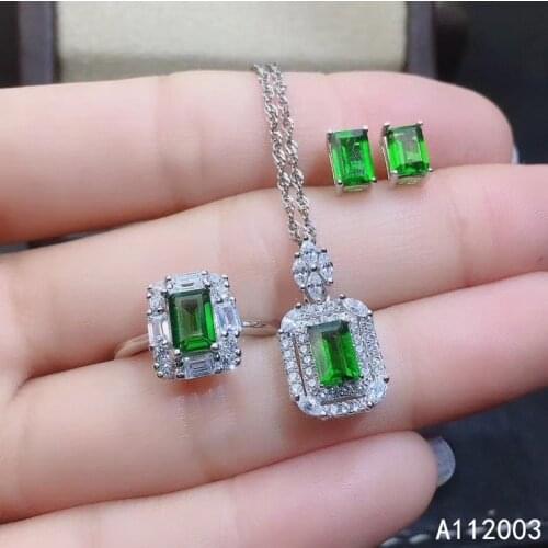 KJJEAXCMY Fine Jewelry 925 Sterling Silver Inlaid Natural Diopside Ring Pendant Earring Set Beautiful Supports Test