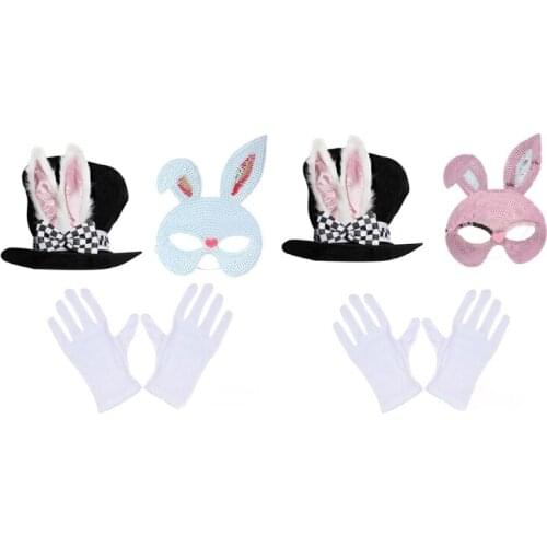 Adult Easter Bunny Costume Set Plush Rabbit Ears Top Hat Sequins Eye Mask White Gloves Cosplay Accessories Stage Performance Ha