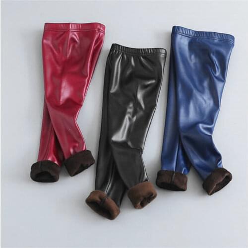 Autumn Winter Girls Leather Pants Thick Velvet PU Leather Childrens Leggings Kids Pencil Pants Infant Warm Trousers Slim Pant