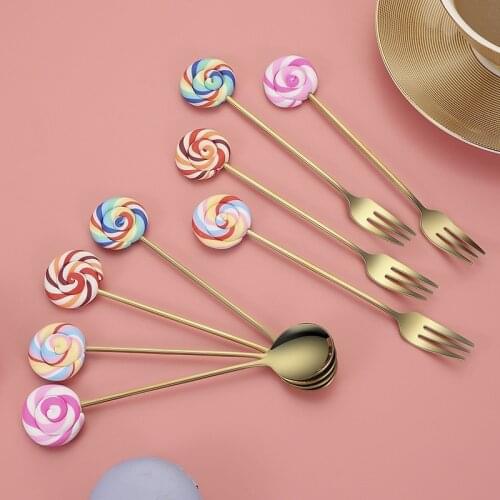 Stainless Steel Lollipop Shape Spoon Fork Gold/Silver Color Coffee Stirring Sugar Teaspoon Fruit Dessert Scoop Kitchen Tableware