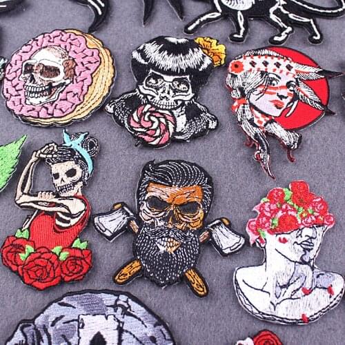 Skull Patch Iron On Patches On Clothes Applique Badges Diy Skeleton Patch Punk Embroidered Patches For Clothing Sewing Stripes