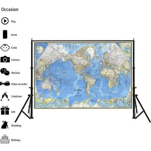 225*150cm 1970 World Map Non Woven Wall Sticker Paper Travel Atlas Poster Art Craft Map of The World for Bar Cafe Room Decor