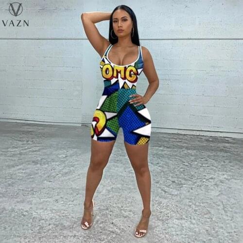 VAZN 2021 New Print Vintage Bandage Young Sexy Soft Daily Simple Sleeveless High Waist Women Pencil Playsuits