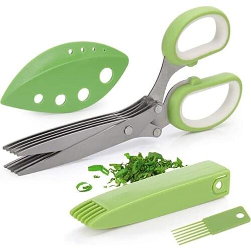 Herb Scissors With 5 Blades Kitchen Gadgets Cutter Chopper And Mincer Multipurpose Kitchen Scissors With Cover Brush Leaf Peeler
