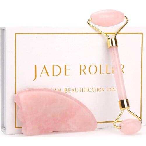 Rose Quartz Roller Slimming Face Massager Lifting Tool Natural Jade Facial Massage Roller Stone Skin Massage Beauty Care Set