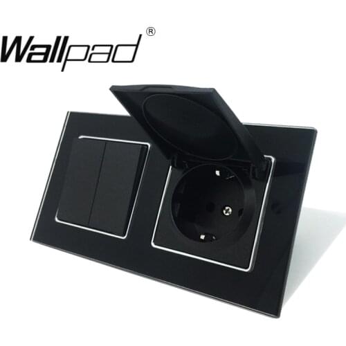 EU 2 Gang 2 Way Cross Switch and Socket with Cap Wallpad Black Crystal Glass Panel 110V-250V 16A Power Outlet for EU Box