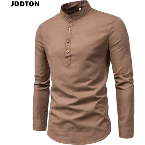 JDDTON New Men Spring Cotton Linen Kimono Shirt Long Sleeve Solid Leisure Chinese Clothes Casual Stand Collar Shirts JE677