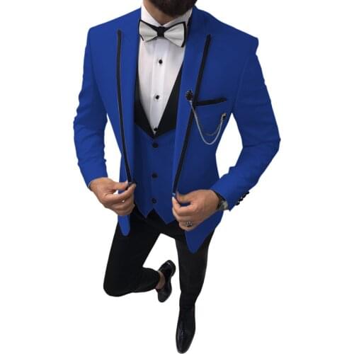 3 Piece Royal Blue Custom Made Peaked Lapel Groom Tuxedos Casual Men Wedding Suits Prom Best Man Blazer Pants Male Suit Set 2020