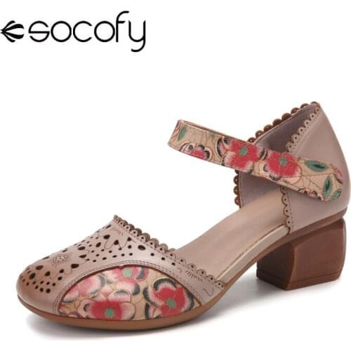 SOCOFY Ethnic Hollow Out Printed Genuine Leather Breathable Wearable Comfy Hook Loop Heels Retro Ladies Sandals Shoes