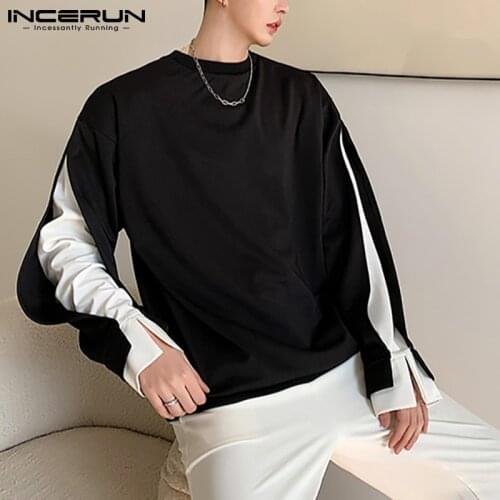 INCERUN Fashion Men Sweatshirts Patchwork O Neck Streetwear Long Sleeve Korean Casual Pullovers Personality Loose Hoodies 2021
