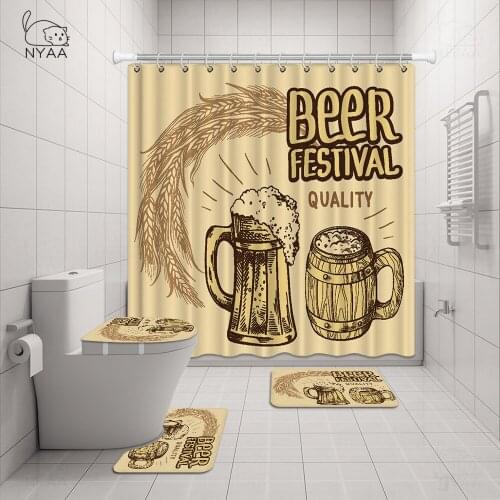 Wine Glass Beer Retro English Shower Curtain Carpet Cover Toilet Cover Bath Mat Pad Set Bathroom Curtain Home Decor