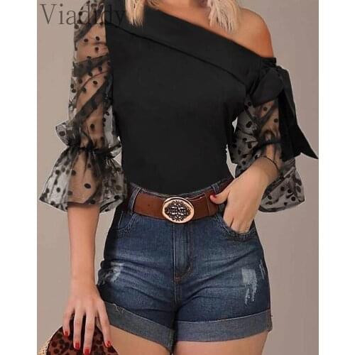 Women Slash Neck Sheer Mesh Polka Dot Flare Sleeve Blouse