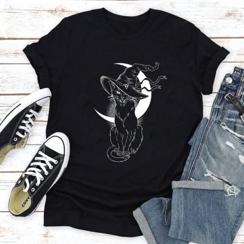 Celestial Moon Cat Witch T-shirt Aesthetic Women Wiccan Gothic Tshirt Vintage Halloween Graphic Tee Shirt Top
