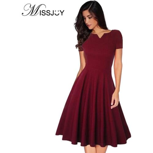 MISSJOY Elegant Ladies Summer V Neck short sleeve A-line party dresses Women Rockabilly Vintage 50s Wine Red Knee-Length dress