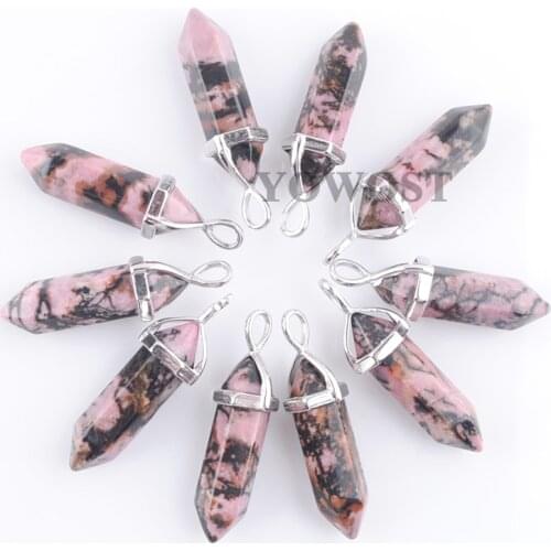 10pcs Rhodonite Pendants Natural Stone Crystal Pillar shape Pendulum for Necklace Hexagonal Point Reiki Jewellery Gifts QN3034